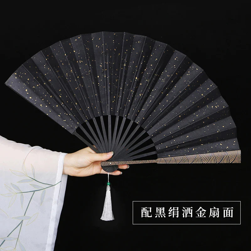 Cravinc 10" Ocean Wave Pattern Folding Fan - Classical Chinese Style Engraving & Retro Design