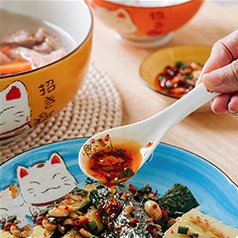 Cravinc 14cm Lucky Cat Ceramic Soup Spoon - White Bone Tableware