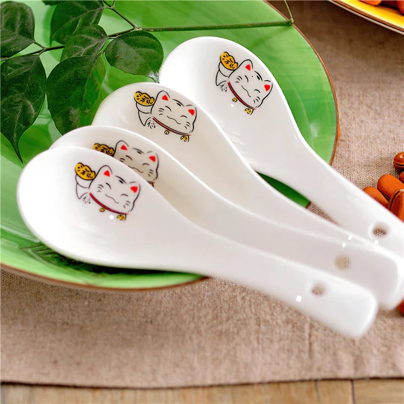 Cravinc 14cm Lucky Cat Ceramic Soup Spoon - White Bone Tableware