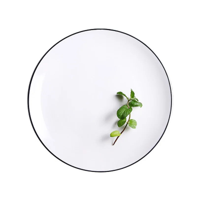 Cravinc 10" Nordic White Black Edge Round Ceramic Steak Dish - Restaurant-Quality Tableware