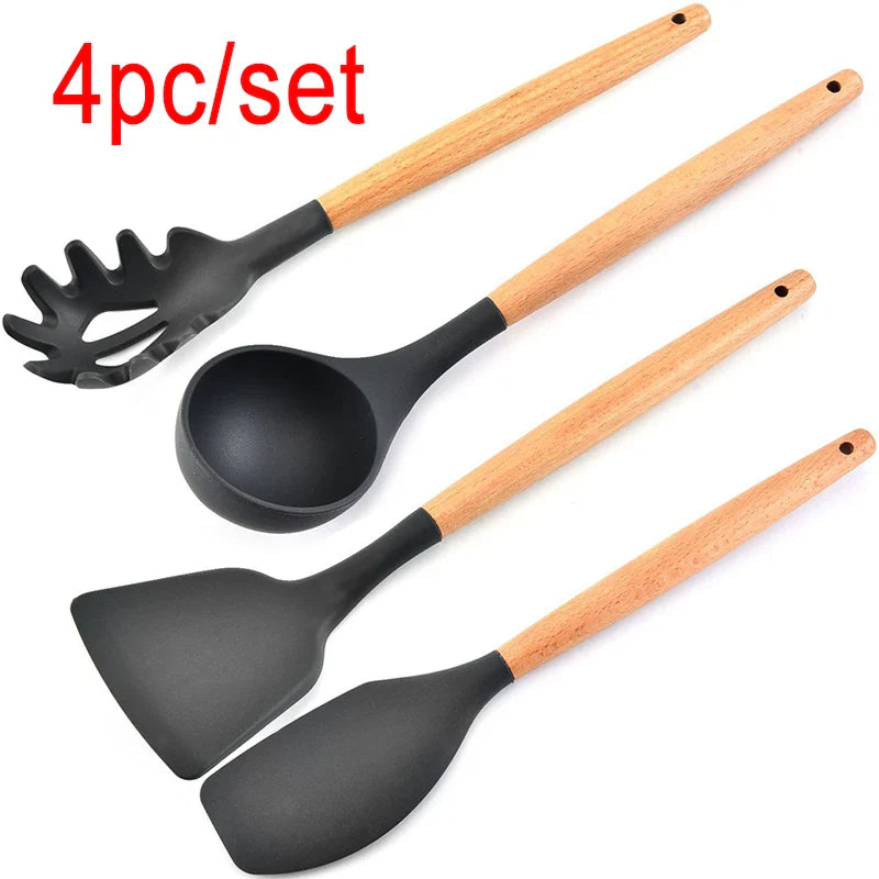 Cravinc 11-Piece Silicone Cooking Utensils Set with Wooden Handle in Storage Box