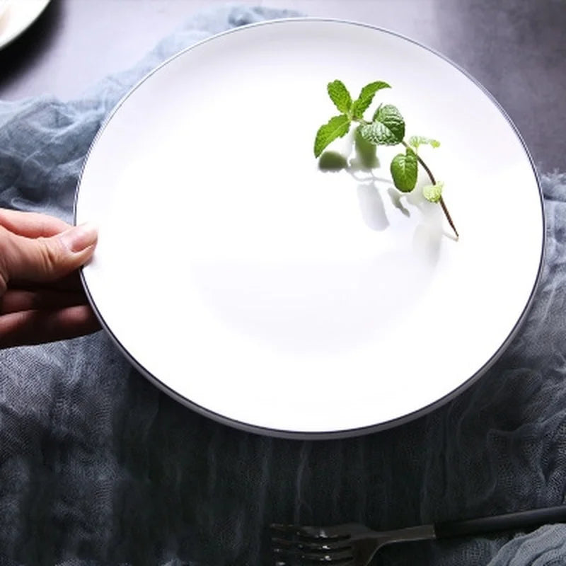 Cravinc 10" Nordic White Black Edge Round Ceramic Steak Dish - Restaurant-Quality Tableware