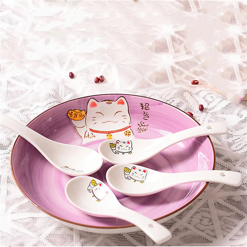 Cravinc 14cm Lucky Cat Ceramic Soup Spoon - White Bone Tableware