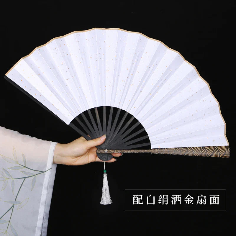 Cravinc 10" Ocean Wave Pattern Folding Fan - Classical Chinese Style Engraving & Retro Design