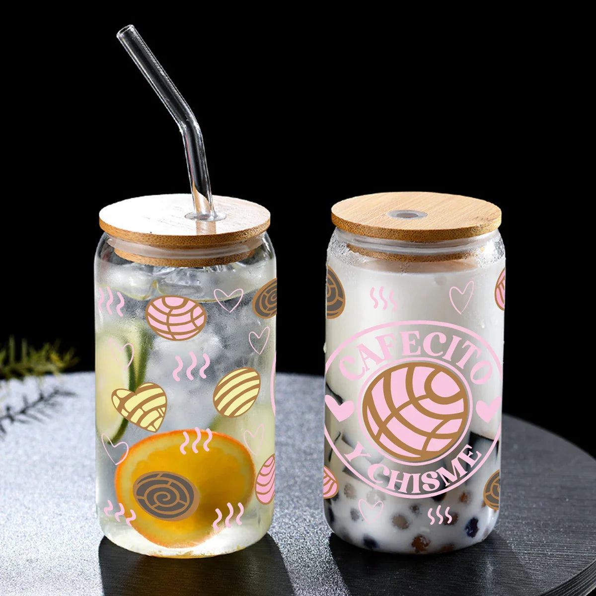 Cravinc 16oz Sublimation Glass Bottle with Bamboo Lid & Straw: Cute Printed Drinkware