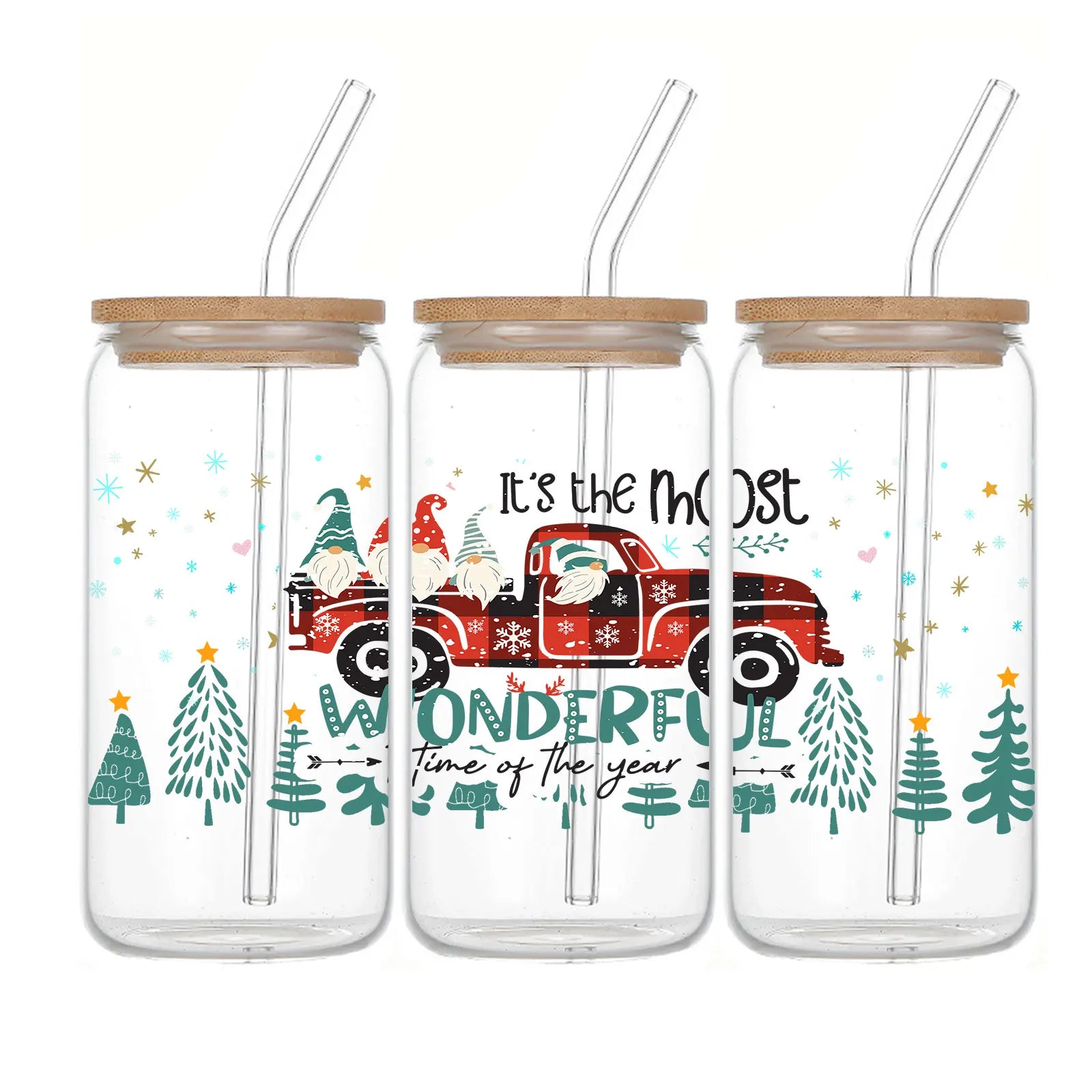 Cravinc 16oz Christmas Car Sublimation Glass Tumbler With Bamboo Lid & Straw