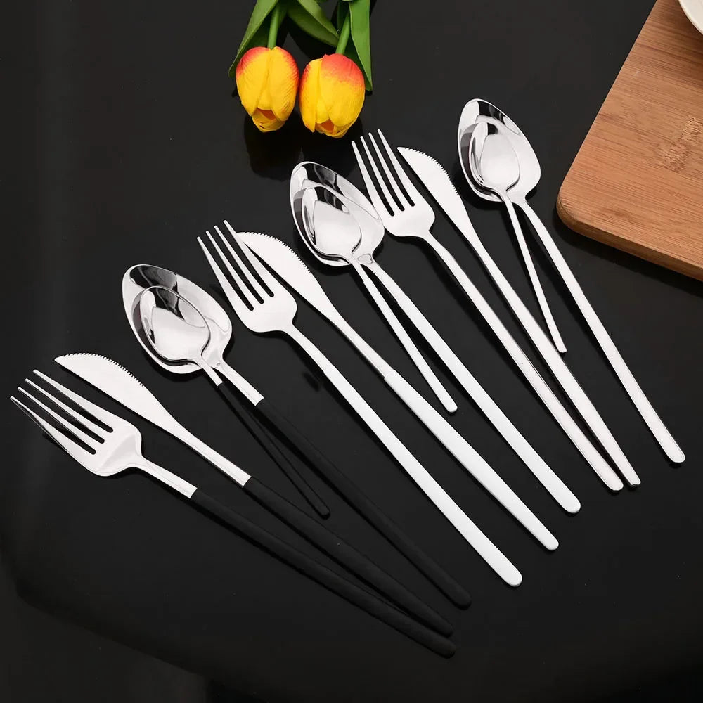 Cravinc 12Pcs Luxury Stainless Steel Cutlery Set in Mirror Black Silver