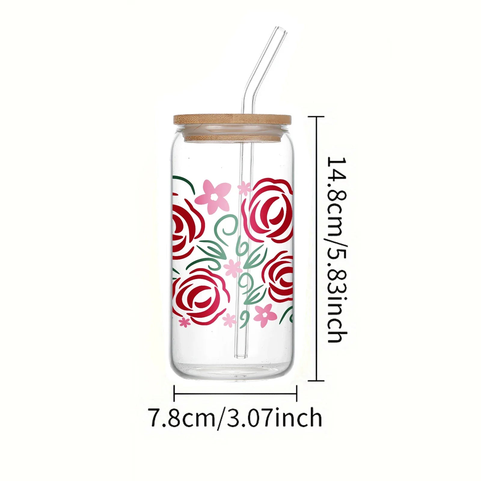 Cravinc 16oz Glass Mason Can with Rose Pattern, Bamboo Lid & Straw