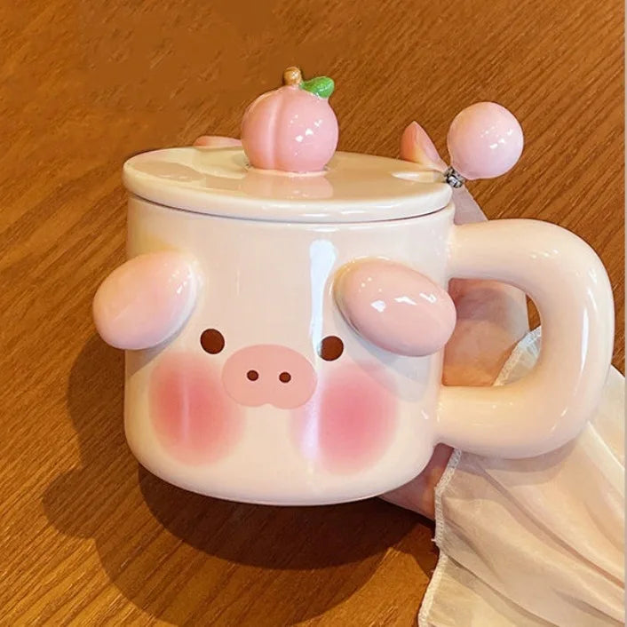 400ml Cravinc Pig Coffee Mug with Lid, Spoon | Cute Creative Breakfast Cup Gift for Home Office