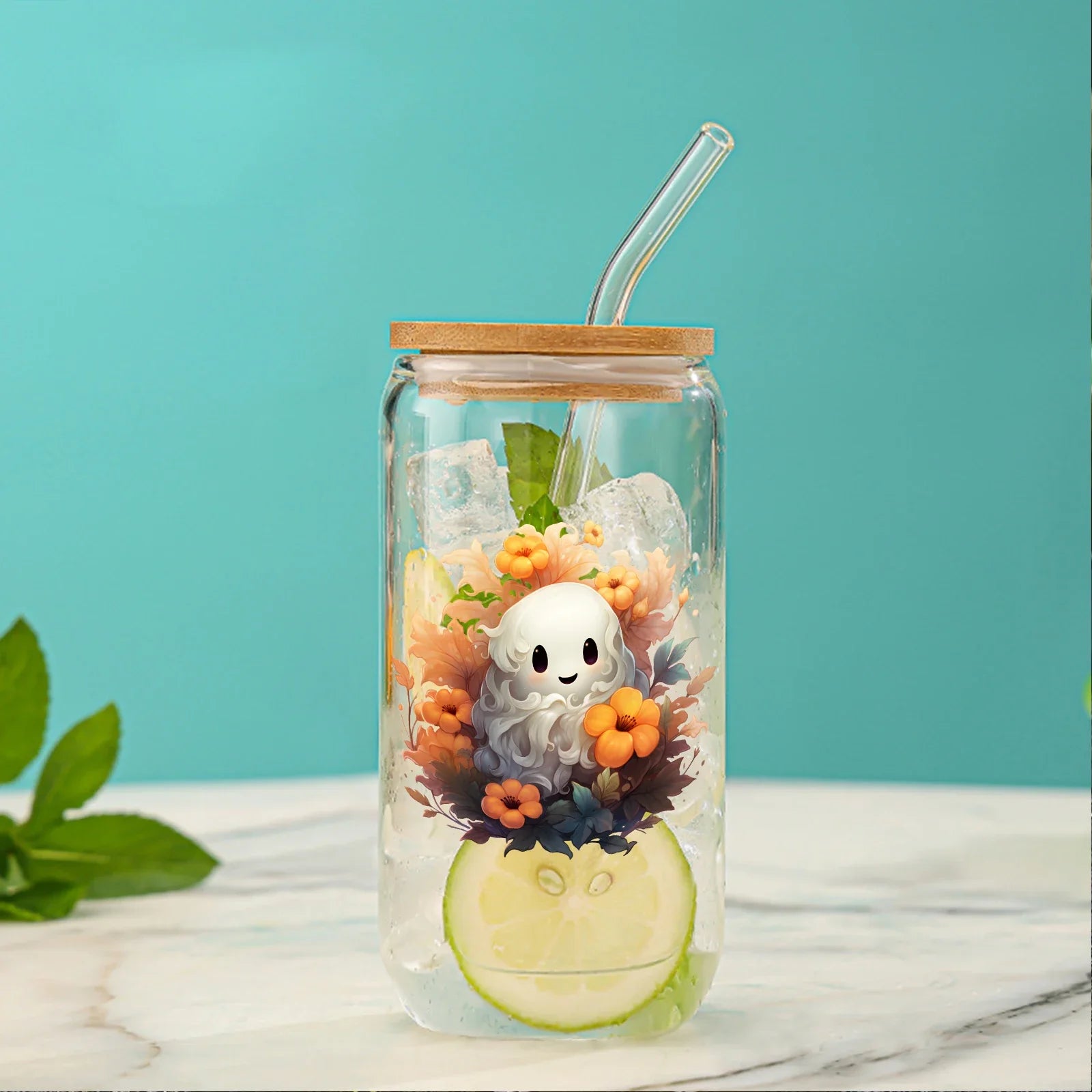 Cravinc 16oz Ghost In Flowers Glass Cup With Bamboo Lid & Straw