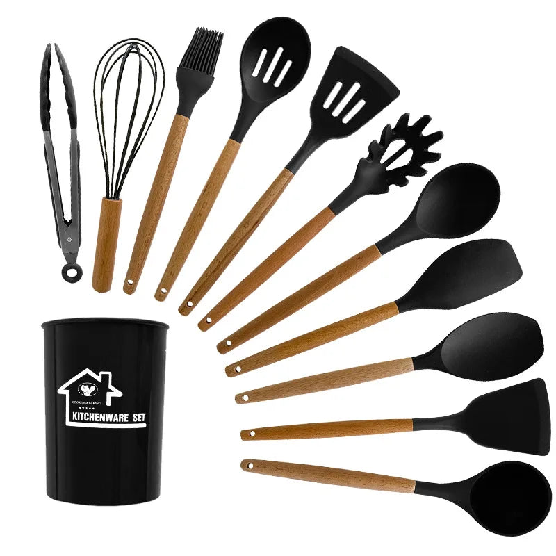 Cravinc 12-Piece Silicone Kitchen Utensils Set with Wooden Handles