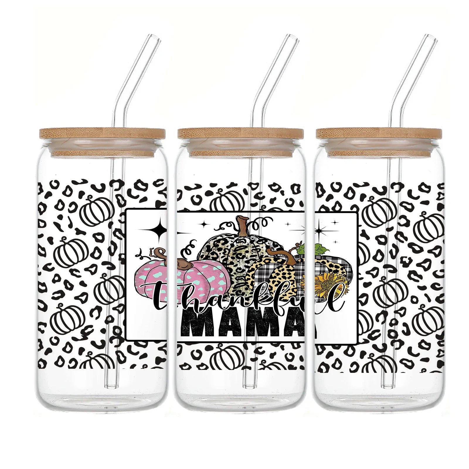 Cravinc 16oz Printed Glass Tumbler with Lid & Straw - Perfect Mother's Day & Thanksgiving Gift