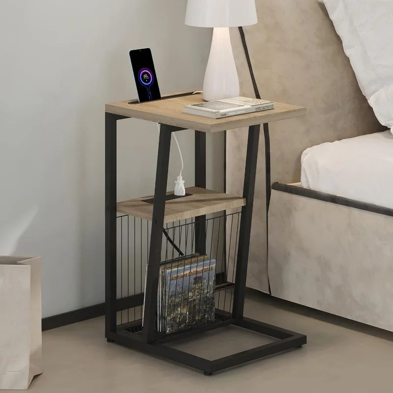 C-Shaped End Table with Charging Station, Phone Holder, 2 USB Ports and Power Outlets by Cravinc