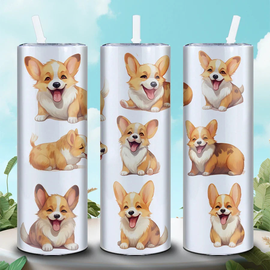 3D Corgi Puppy Stainless Steel Water Bottle with Lid and Straw by Cravinc – Cute and Durable!