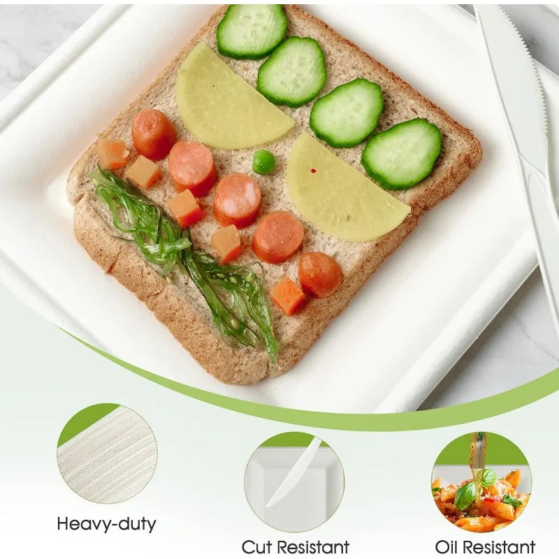 Cravinc 10" Compostable Square Paper Plates, Heavy Duty Biodegradable Disposable Plates