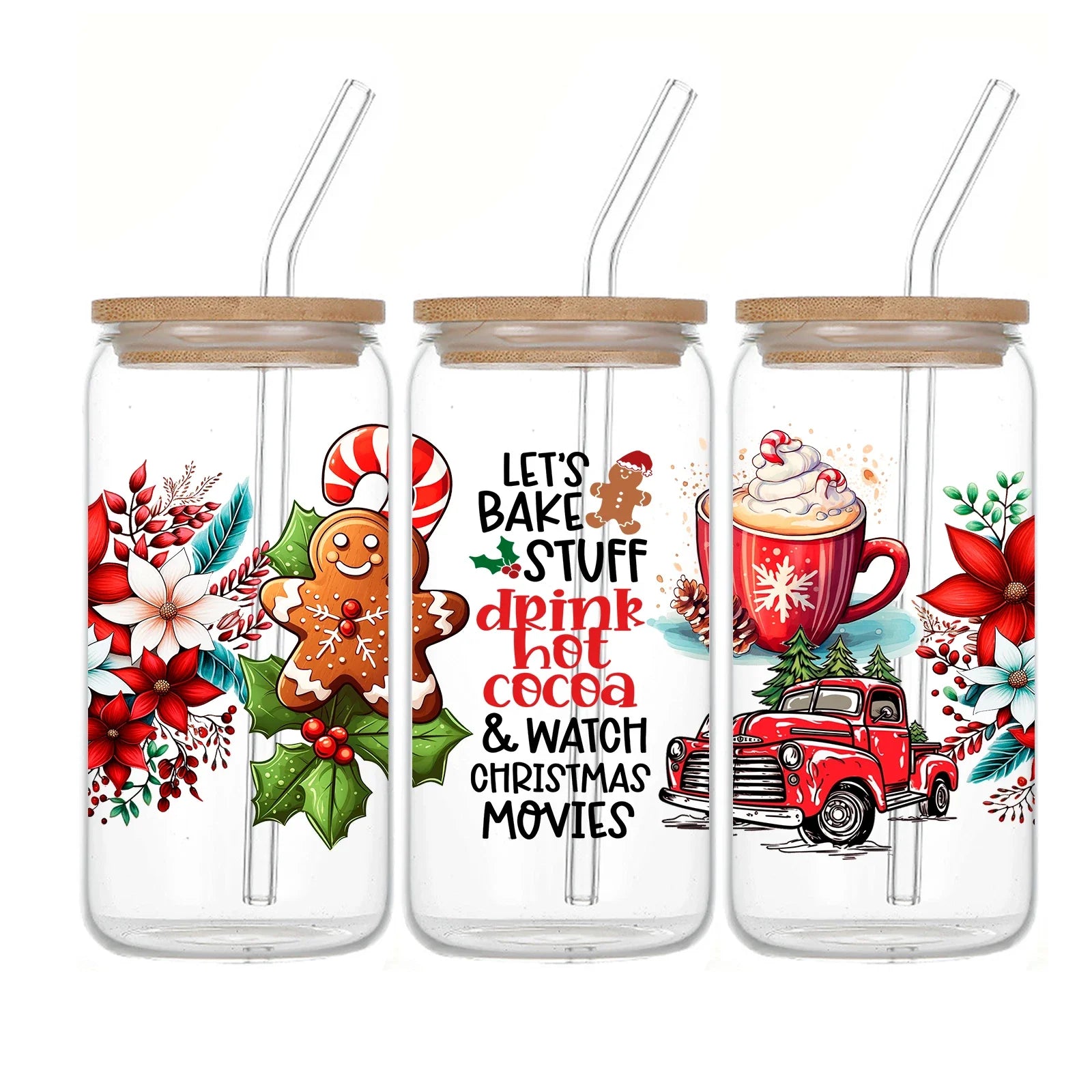 Cravinc 16oz Christmas Pattern Glass Can with Bamboo Lid and Straw