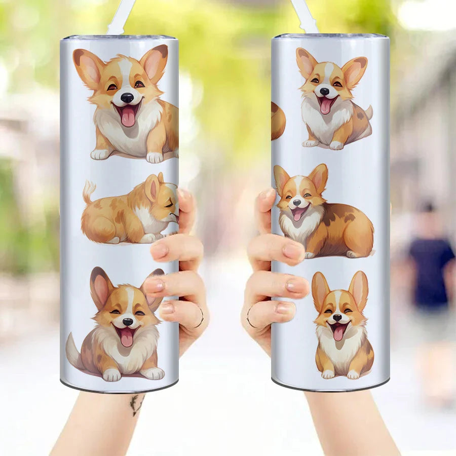 3D Corgi Puppy Stainless Steel Water Bottle with Lid and Straw by Cravinc – Cute and Durable!