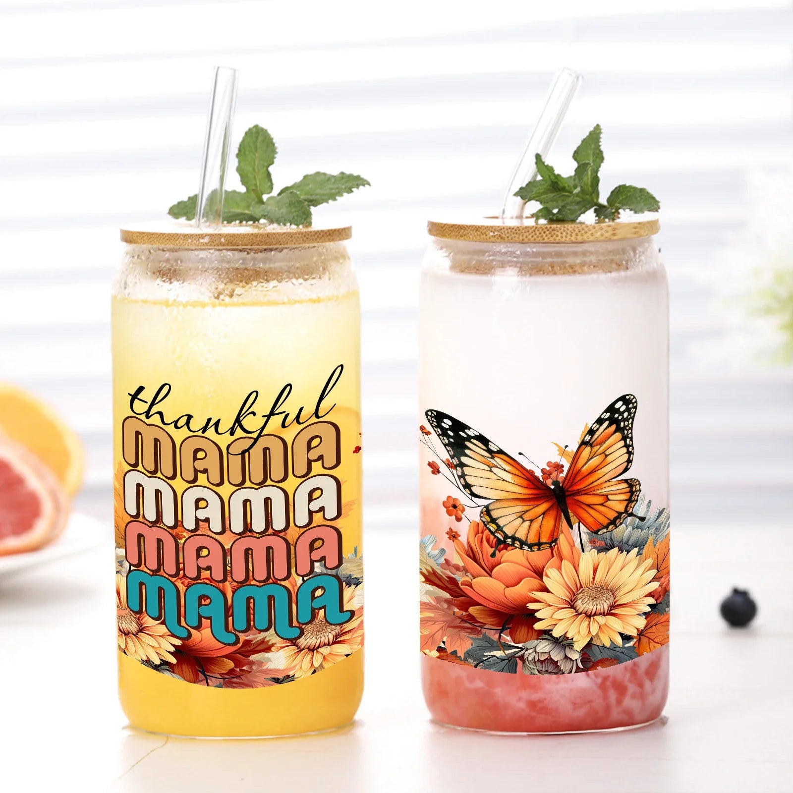 Cravinc 16oz Printed Glass Tumbler with Lid & Straw - Perfect Mother's Day & Thanksgiving Gift