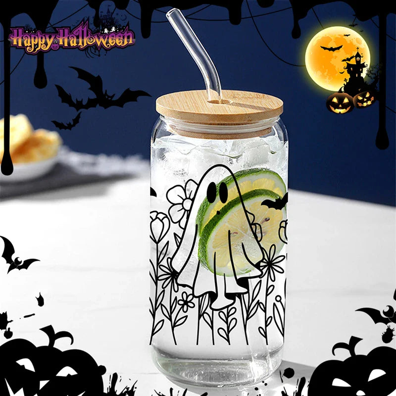 Cravinc 16oz Floral Ghost Glass Cup with Bamboo Lid & Straw for Halloween Gifts