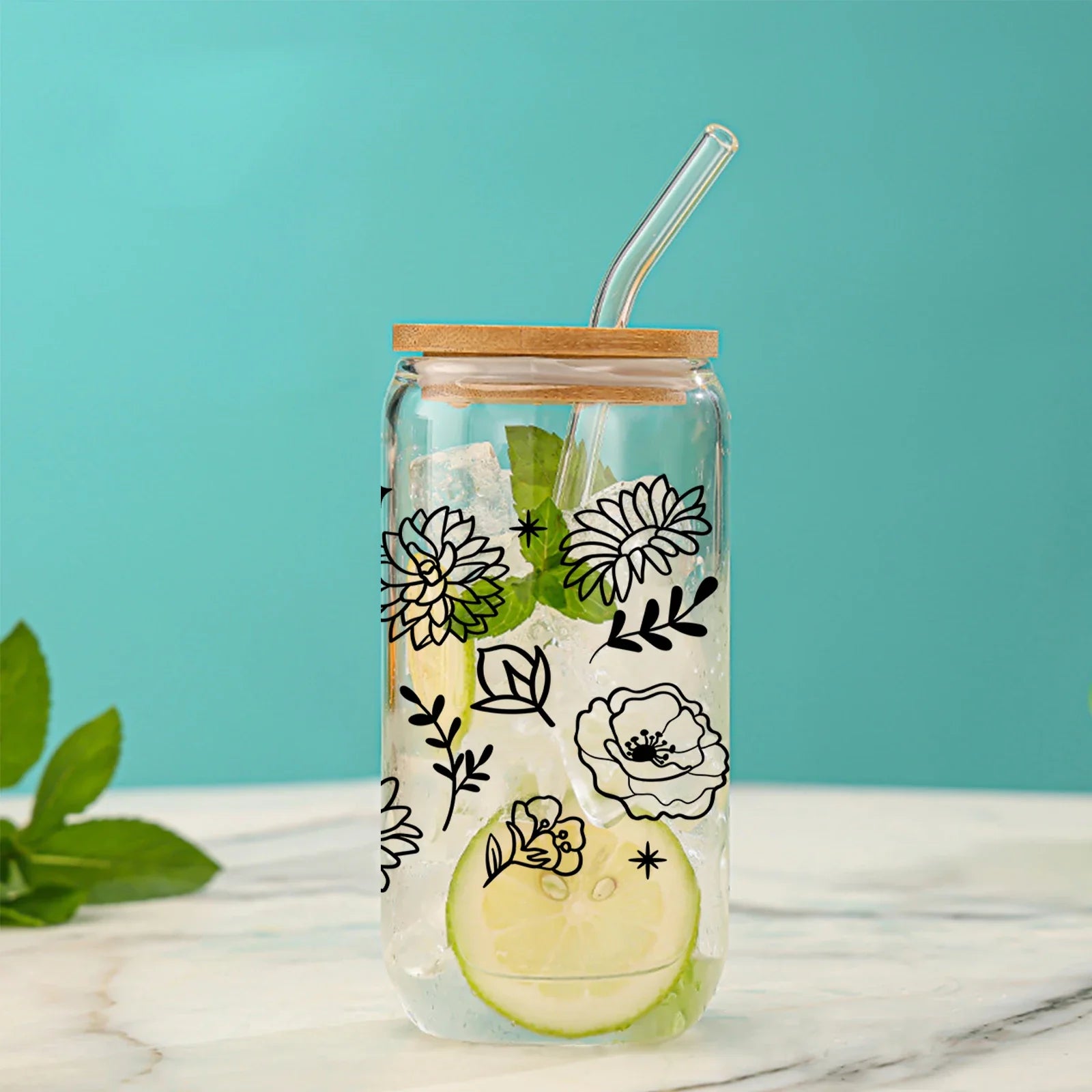 Cravinc 16oz Clear Glass Can with Bamboo Lid and Straw - Black Flowers - Hot/Cold Drinks