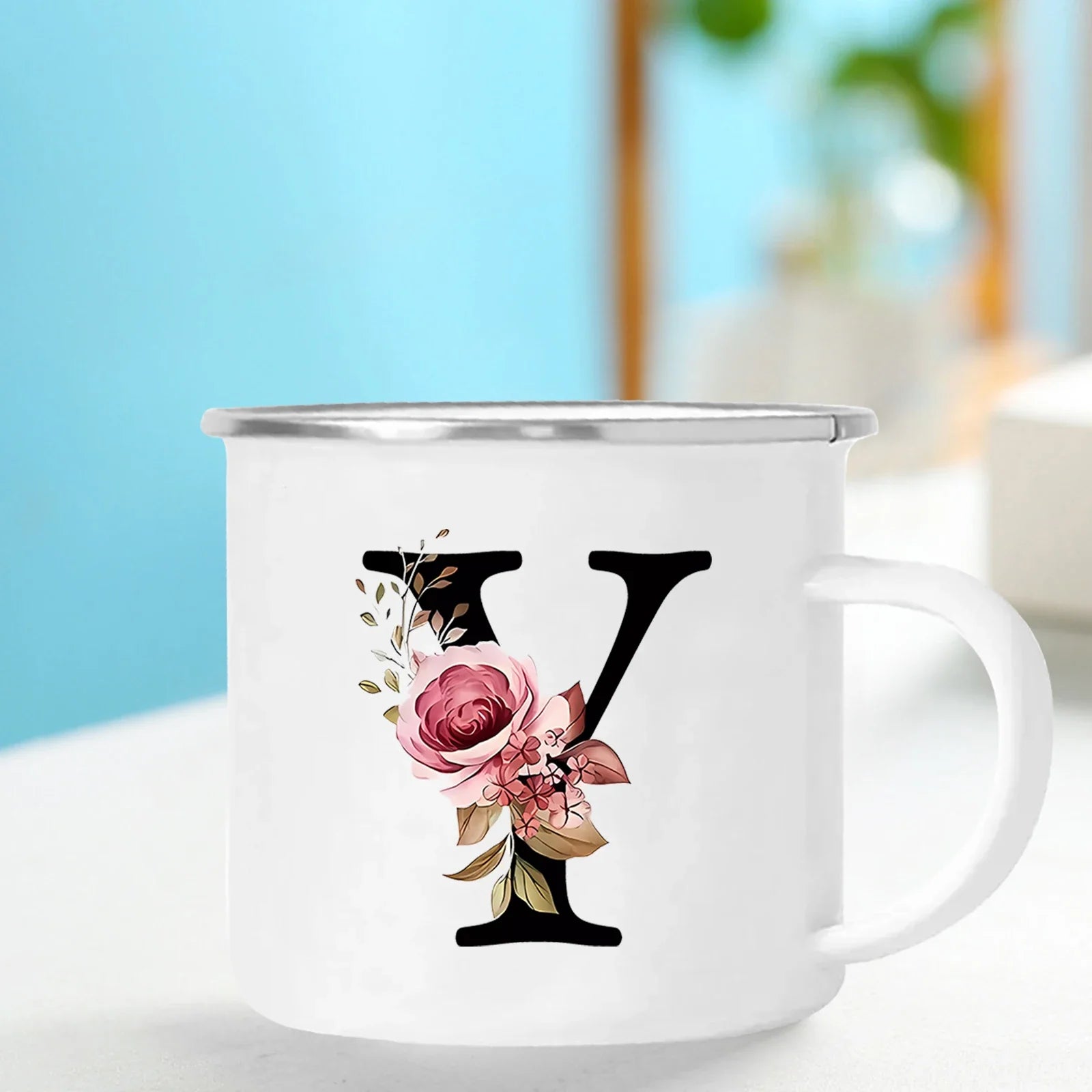 Cravinc 12oz Floral Letters Enamel Coffee Mug with Handle for Camping and Travel