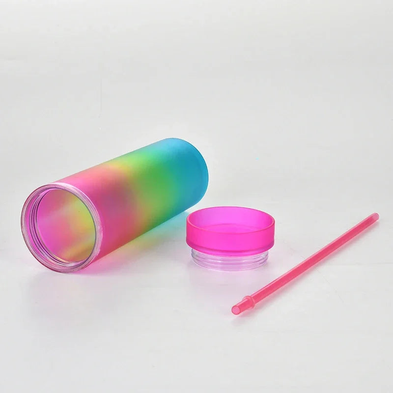 Cravinc 16oz Rainbow Gradient Skinny Tumbler with Straw