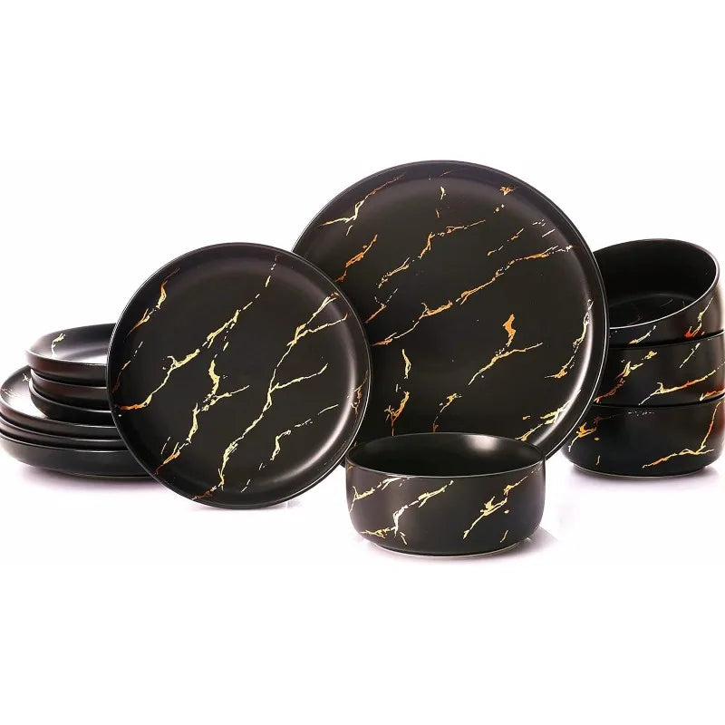 Cravinc 12-Piece Gold Splash Marble Porcelain Dinnerware Set for 4