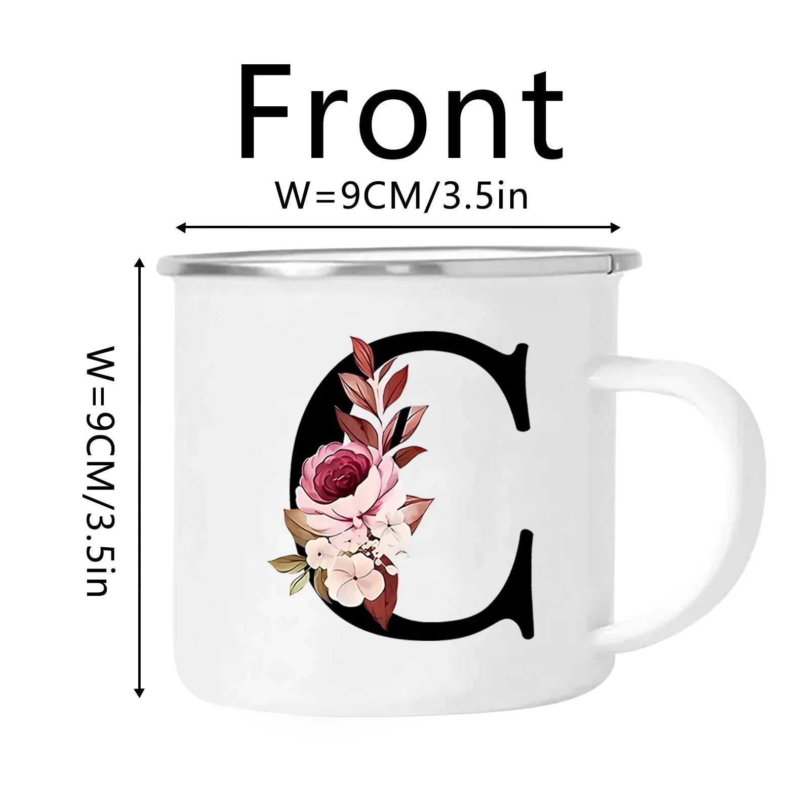 Cravinc 12oz Floral Letters Enamel Coffee Mug with Handle for Camping and Travel