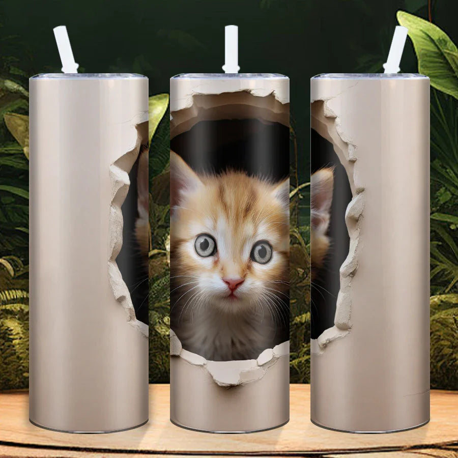 Cat Peeks Pattern Sublimation Steel Water Bottle with Lid & Straw by Cravinc