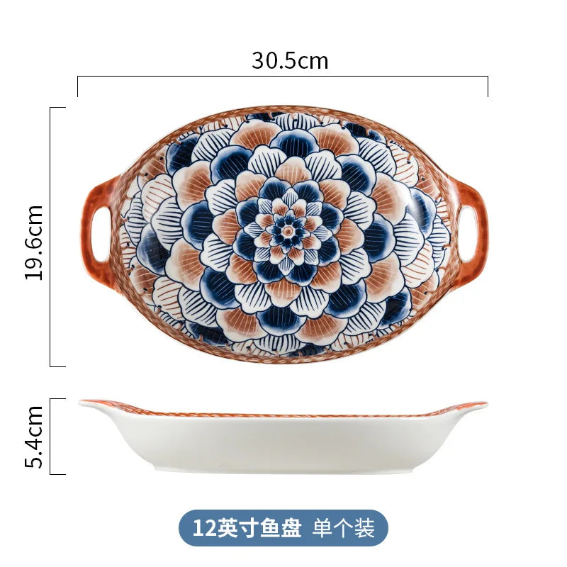 Cravinc 12-Inch Ceramic Double-Ear Fish Plate, Household Steamed Fish Dish, Large-capacity Tray