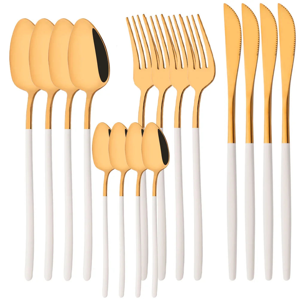 Cravinc 16-Piece Gold Stainless Steel Dinnerware Set with Steak Knife, Fork, and Spoon