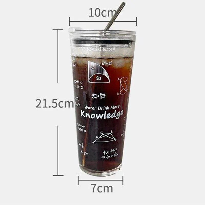 Cravinc 1000ml Glass Cup with Lid, Straw - Mathematical Pattern, Clear - Juice, Coffee Mug