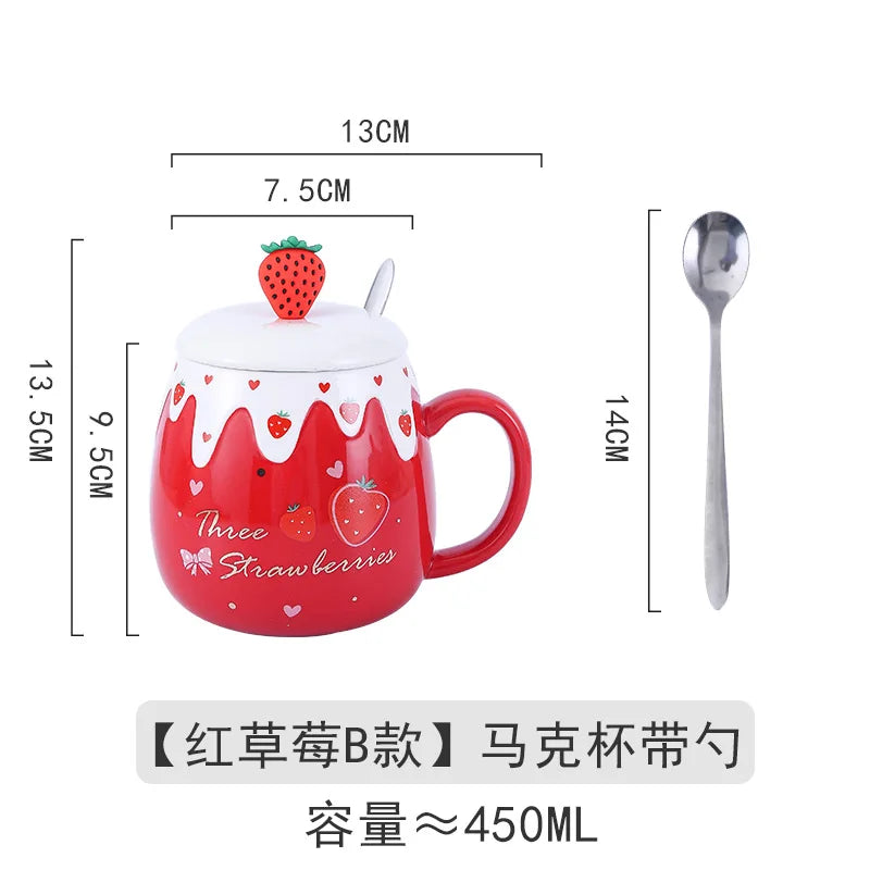 450ml Cravinc Strawberry Ceramic Cup with Lid & Spoon - Cute Gift, Easy to Clean