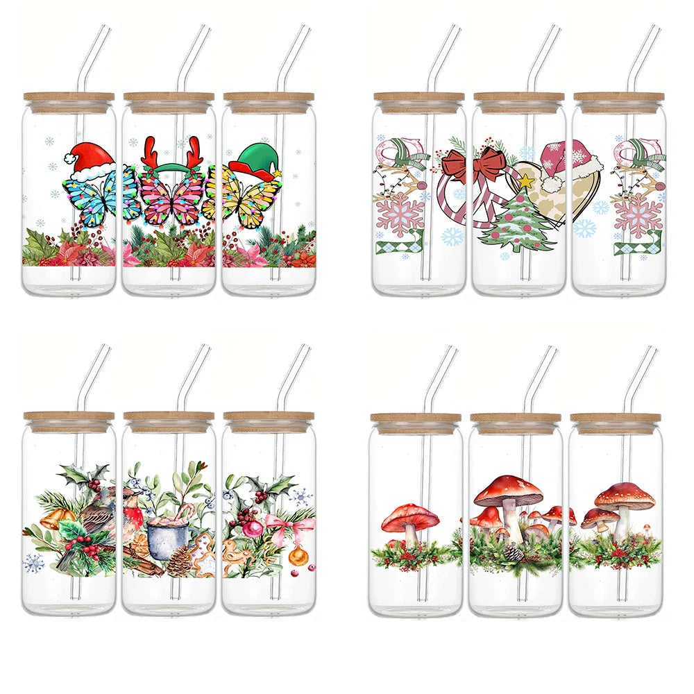 Cravinc 16oz Santa Elements Glass Can Wrap Cup Set With Bamboo Lid & Glass Straw