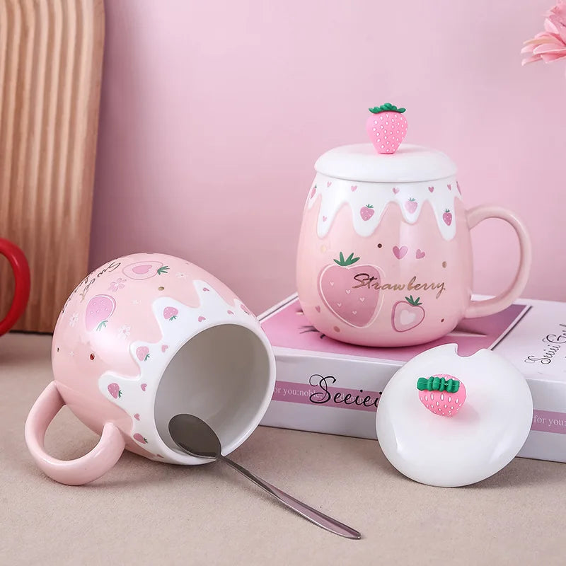 450ml Cravinc Strawberry Ceramic Cup with Lid & Spoon - Cute Gift, Easy to Clean