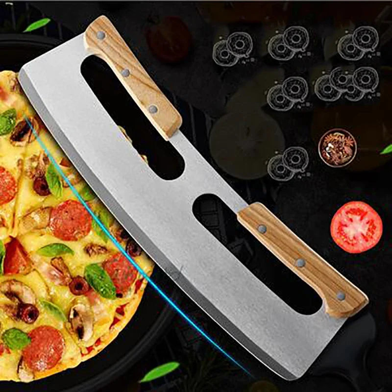 Cravinc 14" Stainless Steel Pizza Cutter Rocker with Wooden Handles and Blade Cover