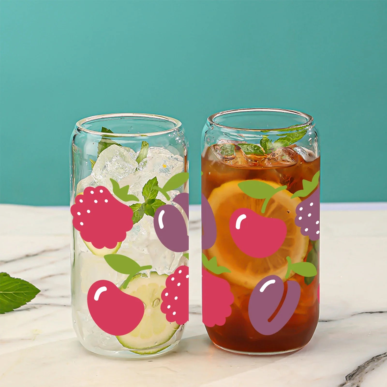 Cravinc 16oz Fruit Pattern Glass Bottle with Bamboo Lid for Summer