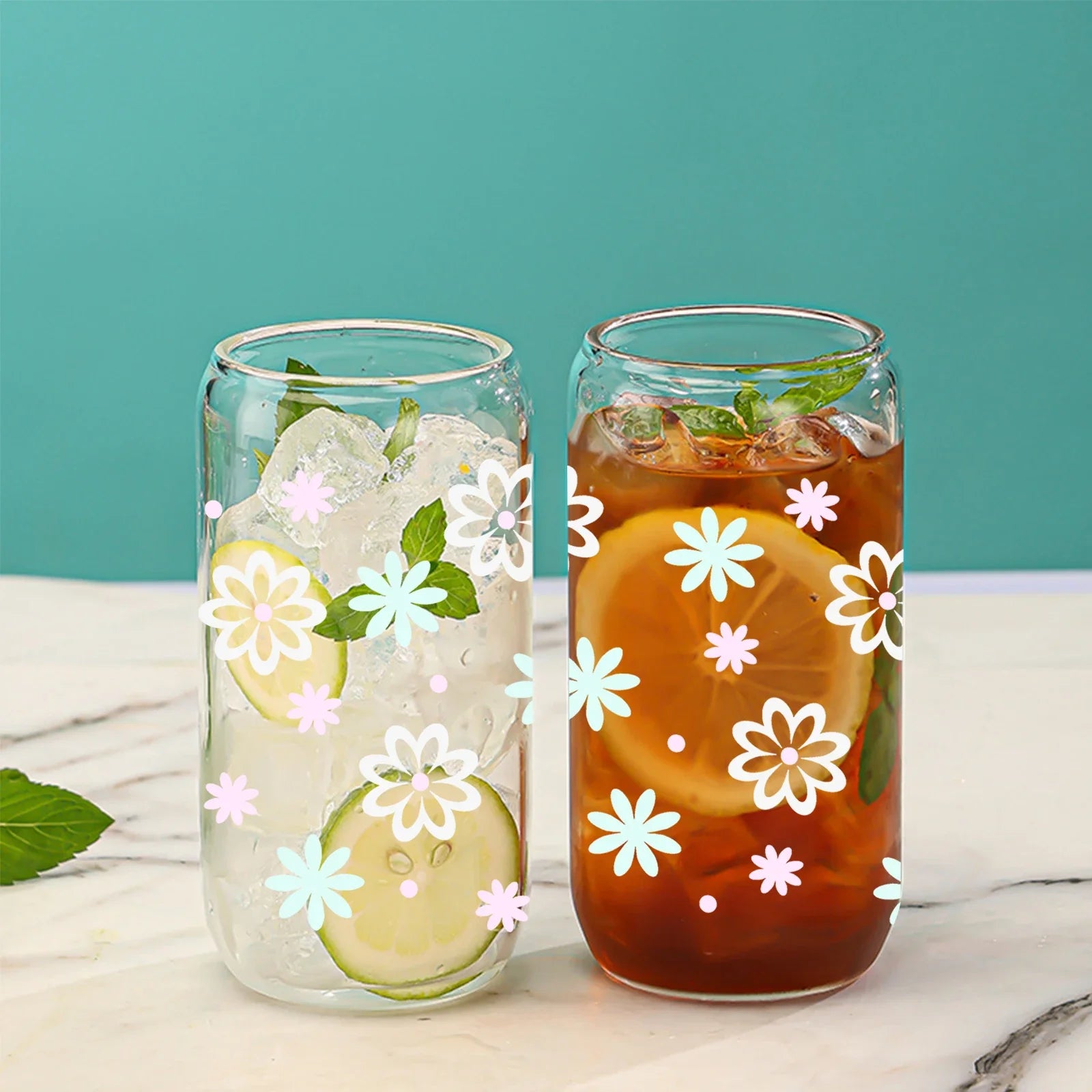 Clear Glass Bamboo Lid Straw Cup Light Flowers Style - Cravinc Juice Drinkware