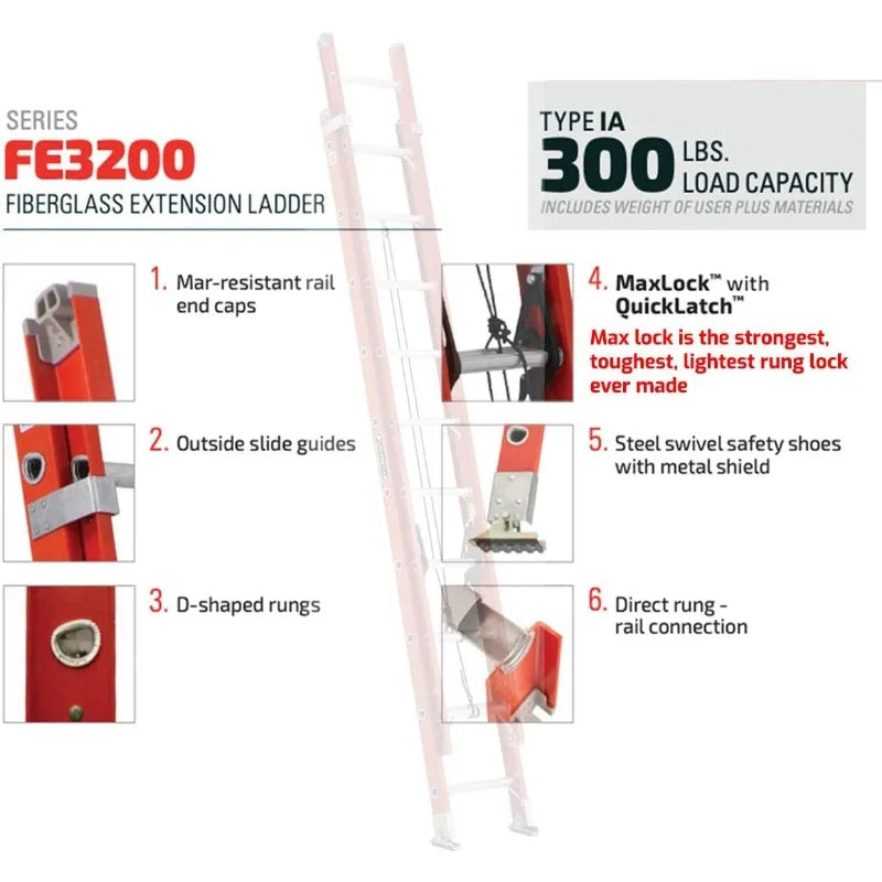 Cravinc 16ft Fiberglass Extension Ladder, 300lb Load Capacity, Type IA