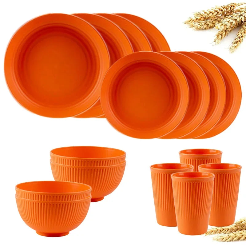 Cravinc 16-Piece Wheat Straw Cutlery & Dinnerware Set for Picnics & Camping