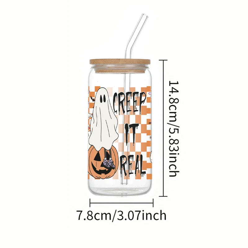 Cravinc 16oz Grid Ghost Glass Cup Bamboo Lid Straw Heat-Resistant Juice Coffee Glass