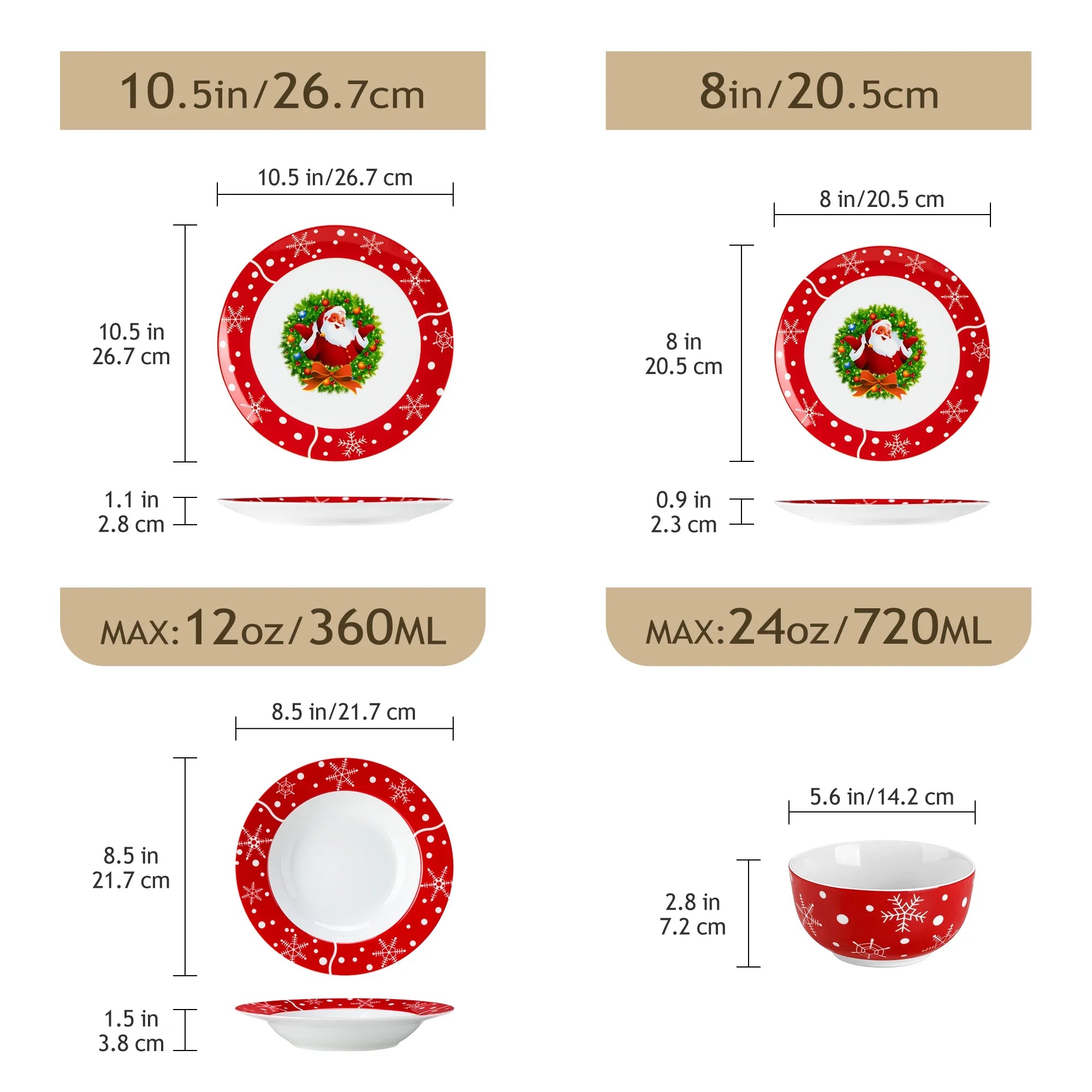 Cravinc 16/32 Piece SantaClaus Dinner Set for 4/8 with Plates, Bowls & Tableware