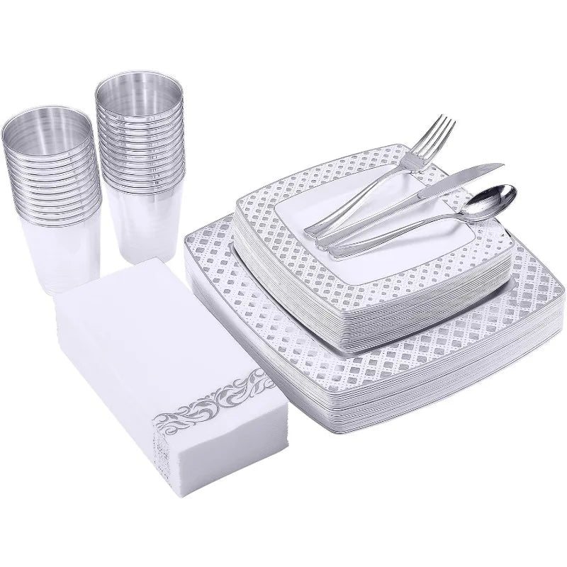 Cravinc 175-Piece Disposable Dinnerware Set for 25 Guests, Plastic Plates, Silverware, Cups, Napkins