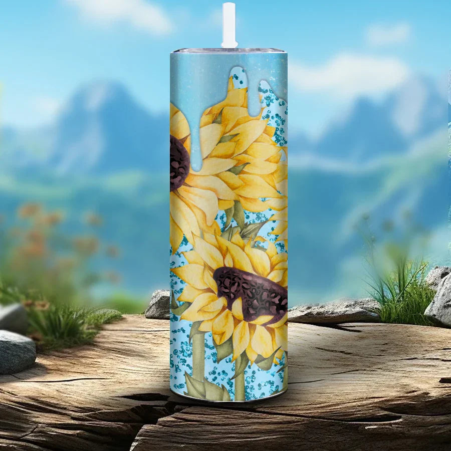 Blue Sunflower Shiny Sublimation Stainless Steel Tumbler by Cravinc