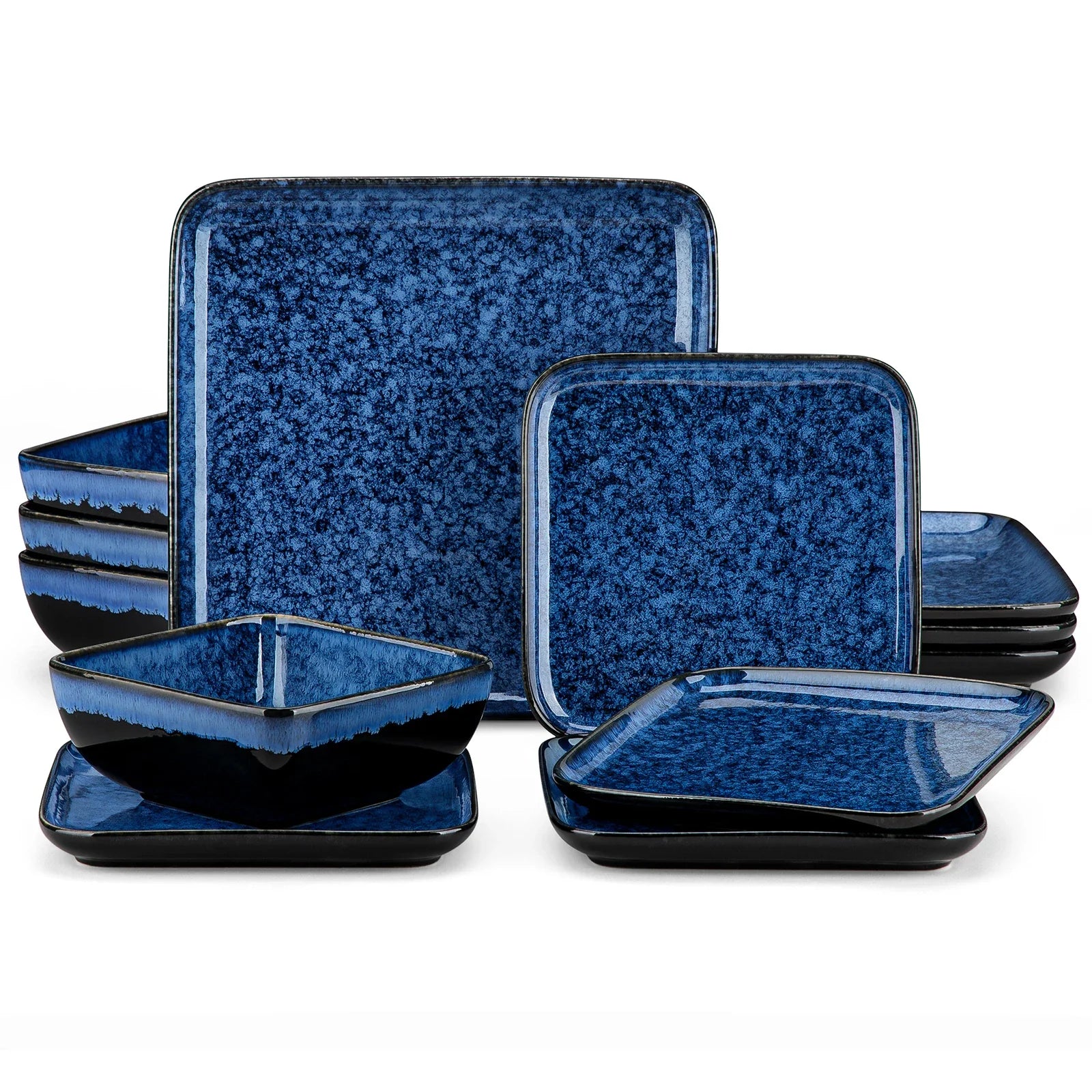 Cravinc 12/24/36-Piece Blue Ceramic Dinner Set with Square Reactive Glaze