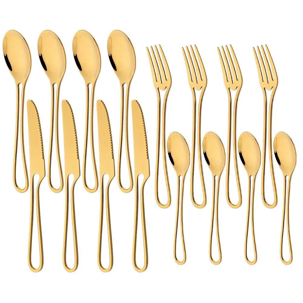 Cravinc 16-Piece Gold Cutlery Set with Hollowed Out Handle