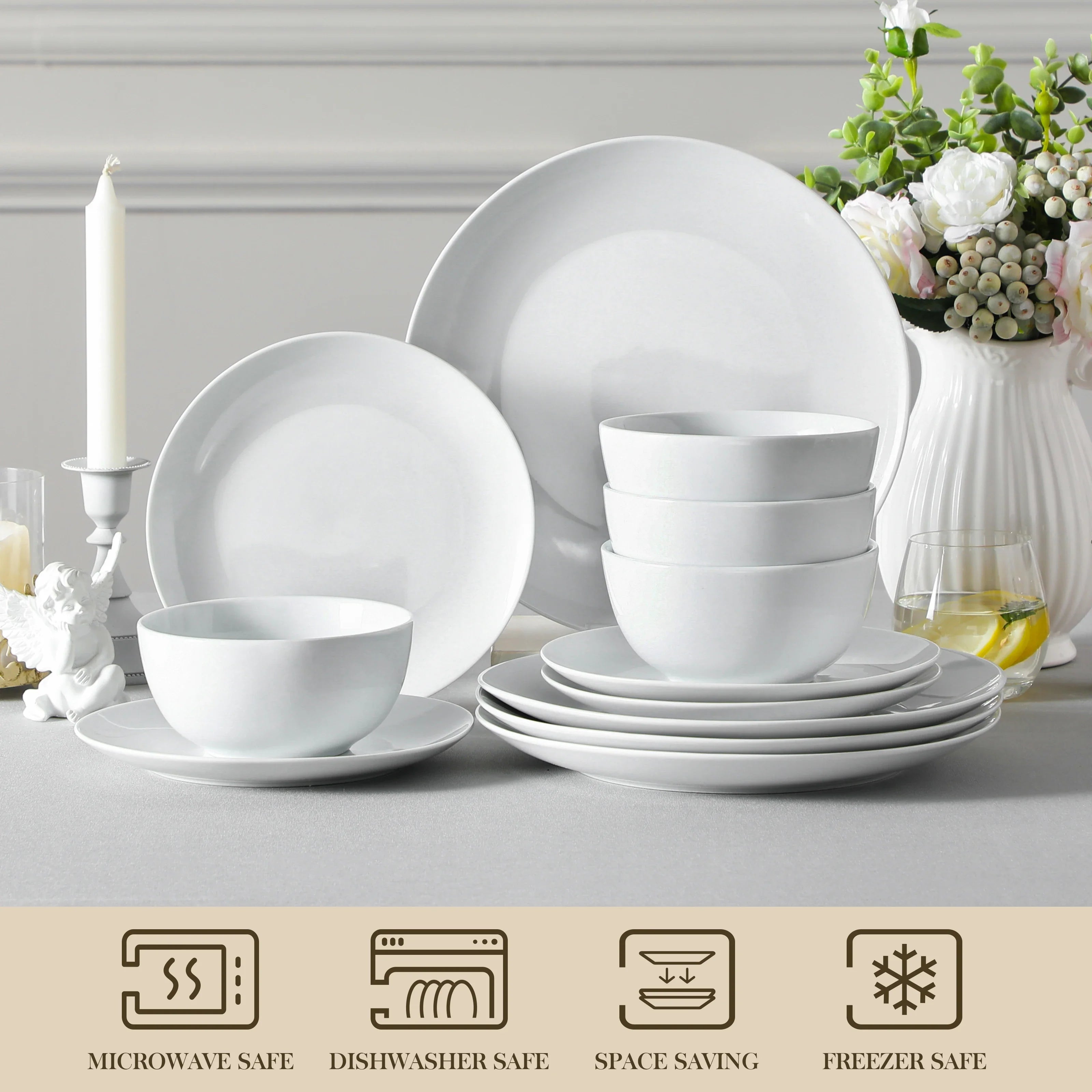 Cravinc 12/24 Piece Porcelain Dinnerware Set for 4/8 with Plates and Bowls