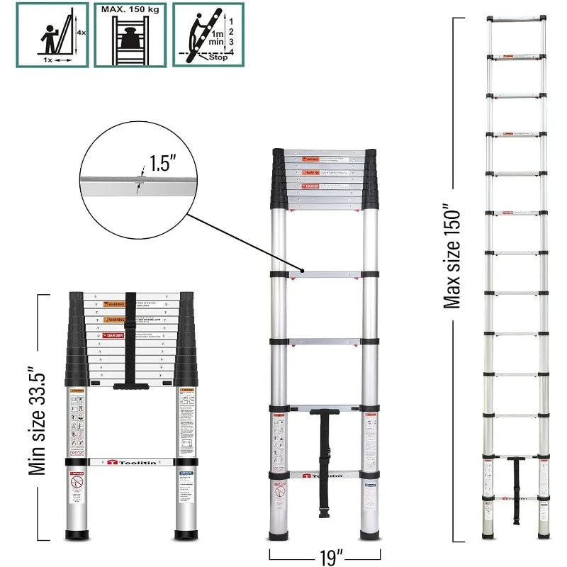 Cravinc 12.5FT Telescopic Aluminum Extension Ladder, One Button Retraction, Soft Close Design.