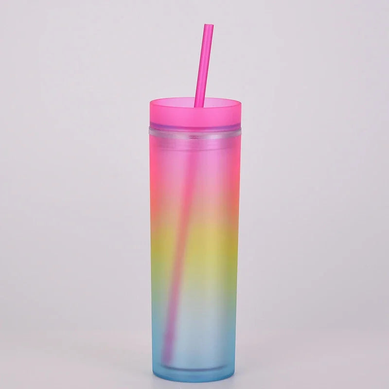 Cravinc 16oz Rainbow Gradient Skinny Tumbler with Straw