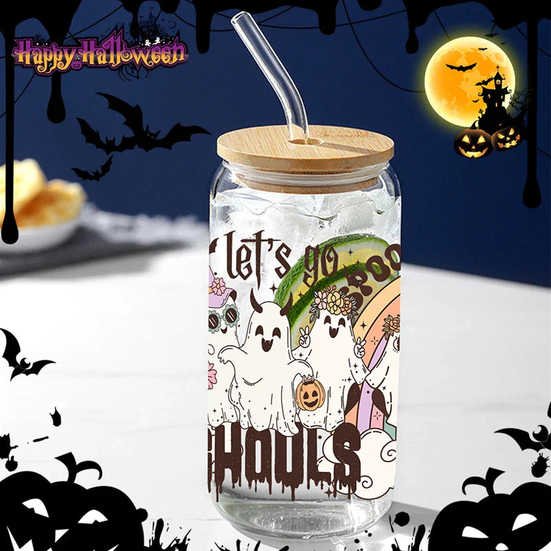 Cravinc 16oz Rainbow Ghost Glass Cup With Bamboo Lid & Straw - Heat-Resistant Juice Coffee Glass